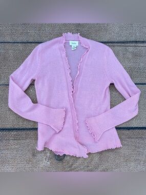Neiman Marcus Light Pink Ruffle-Trim Knit Cardigan